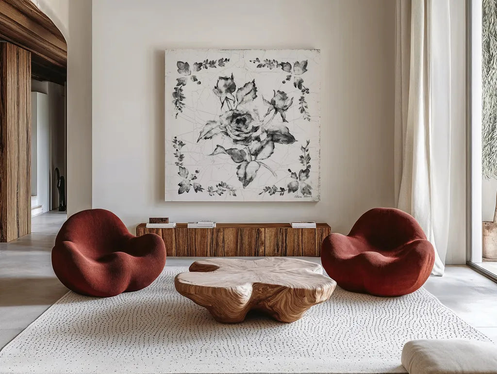 Swedish Tile II BW by Cheri Blum. Shown as extra-large giant wall art in a modern living room. Available as an archival giclee rolled canvas, fine art paper, or poster print. SKU 90542a.