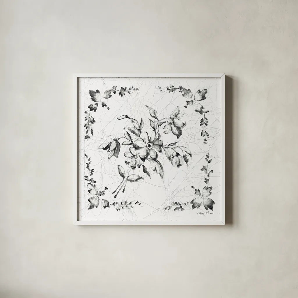 Swedish Tile III BW by Cheri Blum. Shown in a crisp white glass frame for a clean and minimalist style. Available as an archival giclee rolled canvas, fine art paper, or poster print. SKU 90543a.