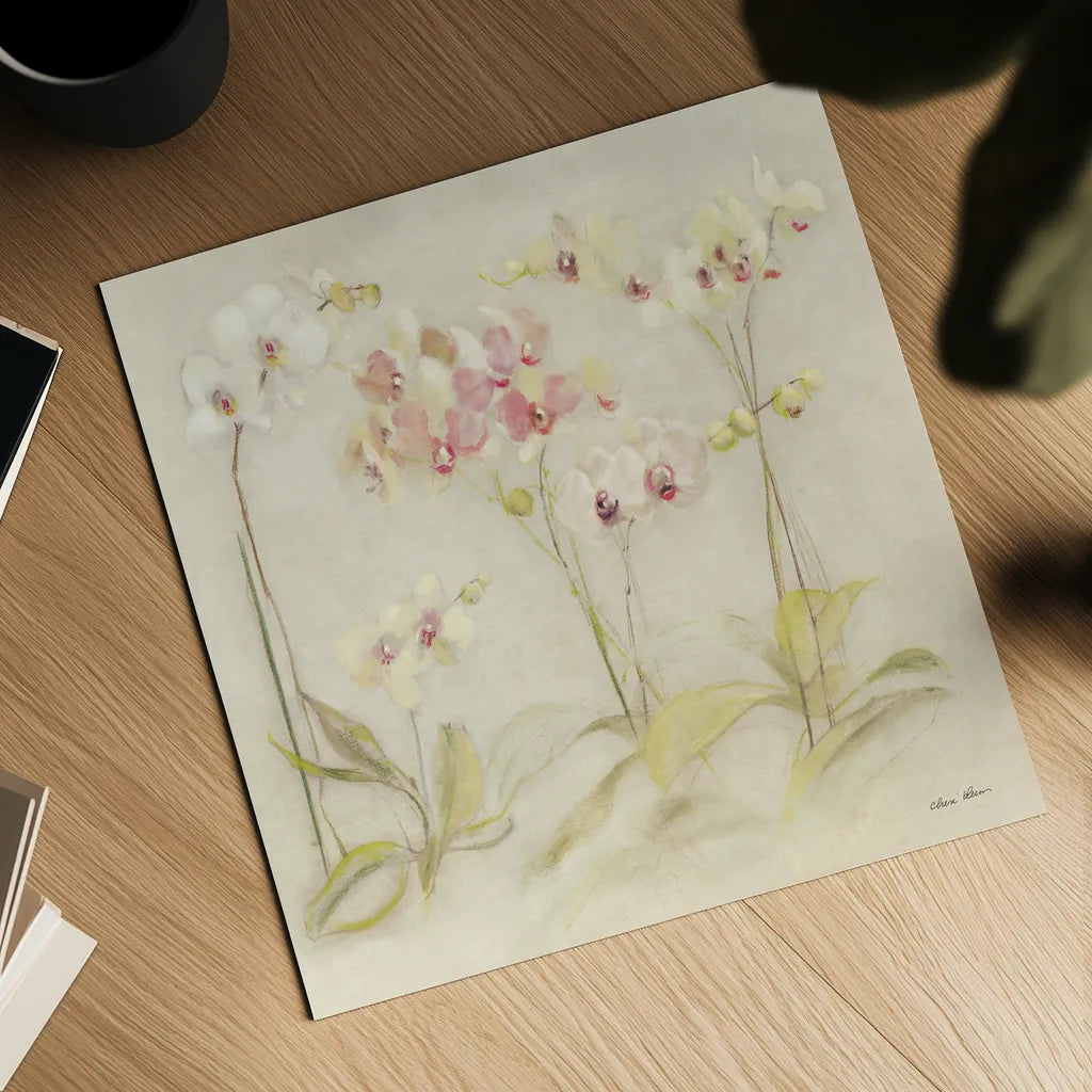 The Dance of the Orchids I by Cheri Blum. Shown as a detailed flat fine art print, highlighting archival giclee quality. Available as an archival giclee rolled canvas, fine art paper, or poster print. SKU 90391a.