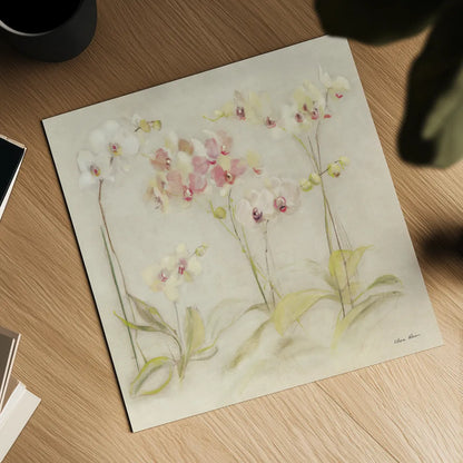 The Dance of the Orchids I by Cheri Blum. Shown as a detailed flat fine art print, highlighting archival giclee quality. Available as an archival giclee rolled canvas, fine art paper, or poster print. SKU 90391a.