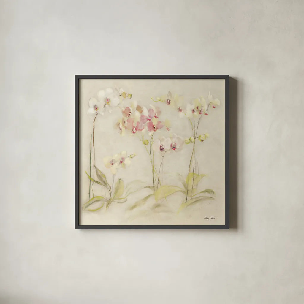 The Dance of the Orchids I by Cheri Blum. Shown in a sleek black glass frame for a contemporary gallery look. Available as an archival giclee rolled canvas, fine art paper, or poster print. SKU 90391a.