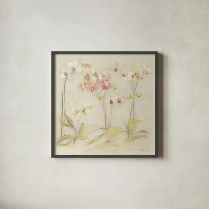 The Dance of the Orchids I by Cheri Blum. Shown in a sleek black glass frame for a contemporary gallery look. Available as an archival giclee rolled canvas, fine art paper, or poster print. SKU 90391a.