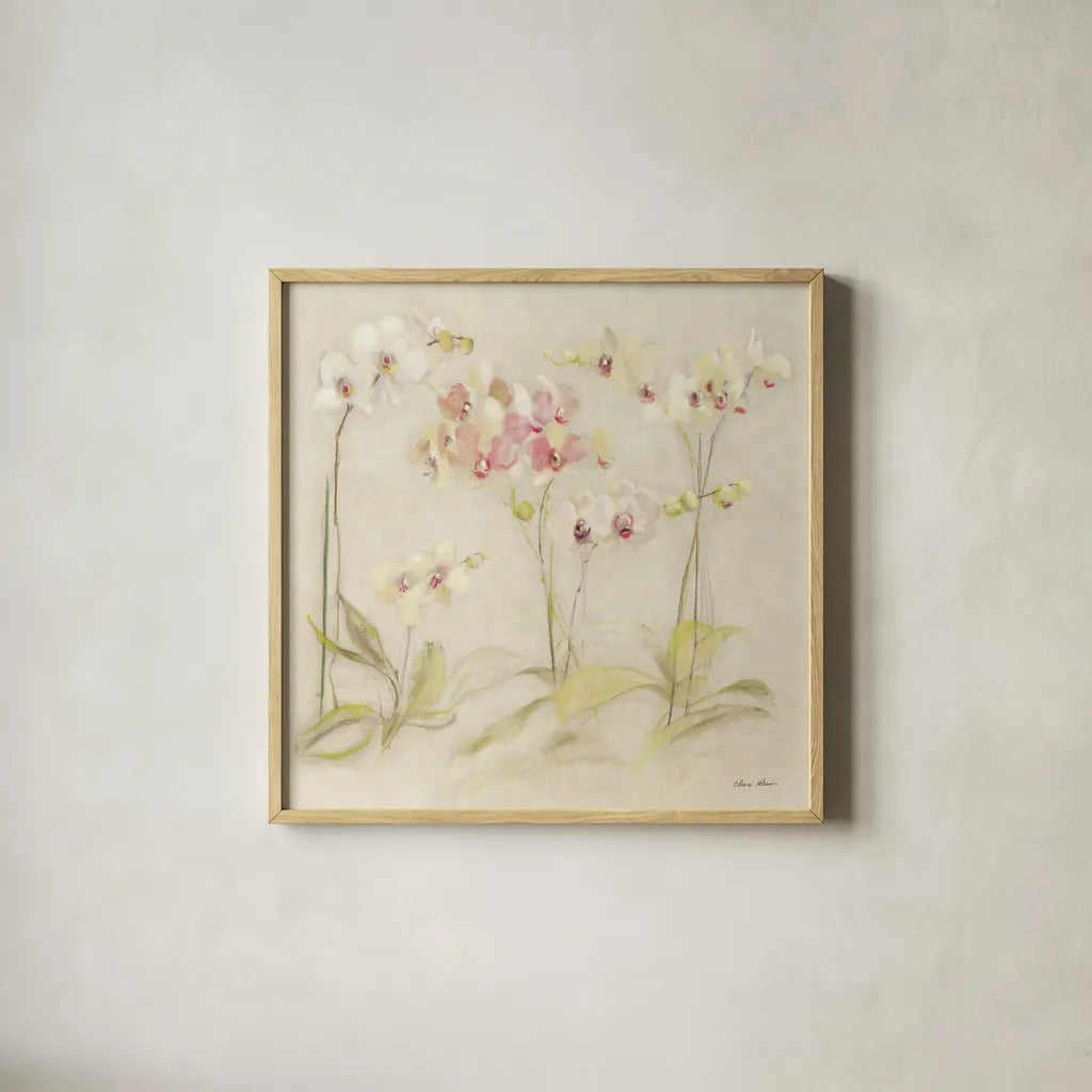 The Dance of the Orchids I by Cheri Blum. Shown in a natural wood glass frame for a timeless modern aesthetic. Available as an archival giclee rolled canvas, fine art paper, or poster print. SKU 90391a.