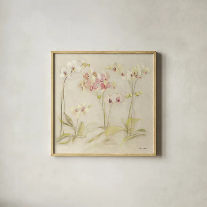 The Dance of the Orchids I by Cheri Blum. Shown in a natural wood glass frame for a timeless modern aesthetic. Available as an archival giclee rolled canvas, fine art paper, or poster print. SKU 90391a.