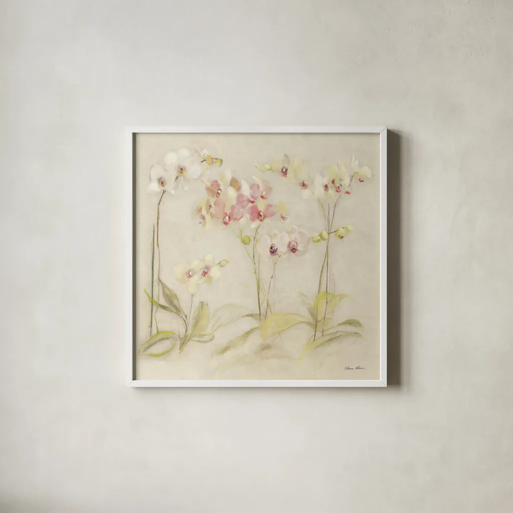 The Dance of the Orchids I by Cheri Blum. Shown in a crisp white glass frame for a clean and minimalist style. Available as an archival giclee rolled canvas, fine art paper, or poster print. SKU 90391a.