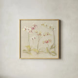 The Dance of the Orchids II by Cheri Blum. Shown in a natural wood glass frame for a timeless modern aesthetic. Available as an archival giclee rolled canvas, fine art paper, or poster print. SKU 90392a.