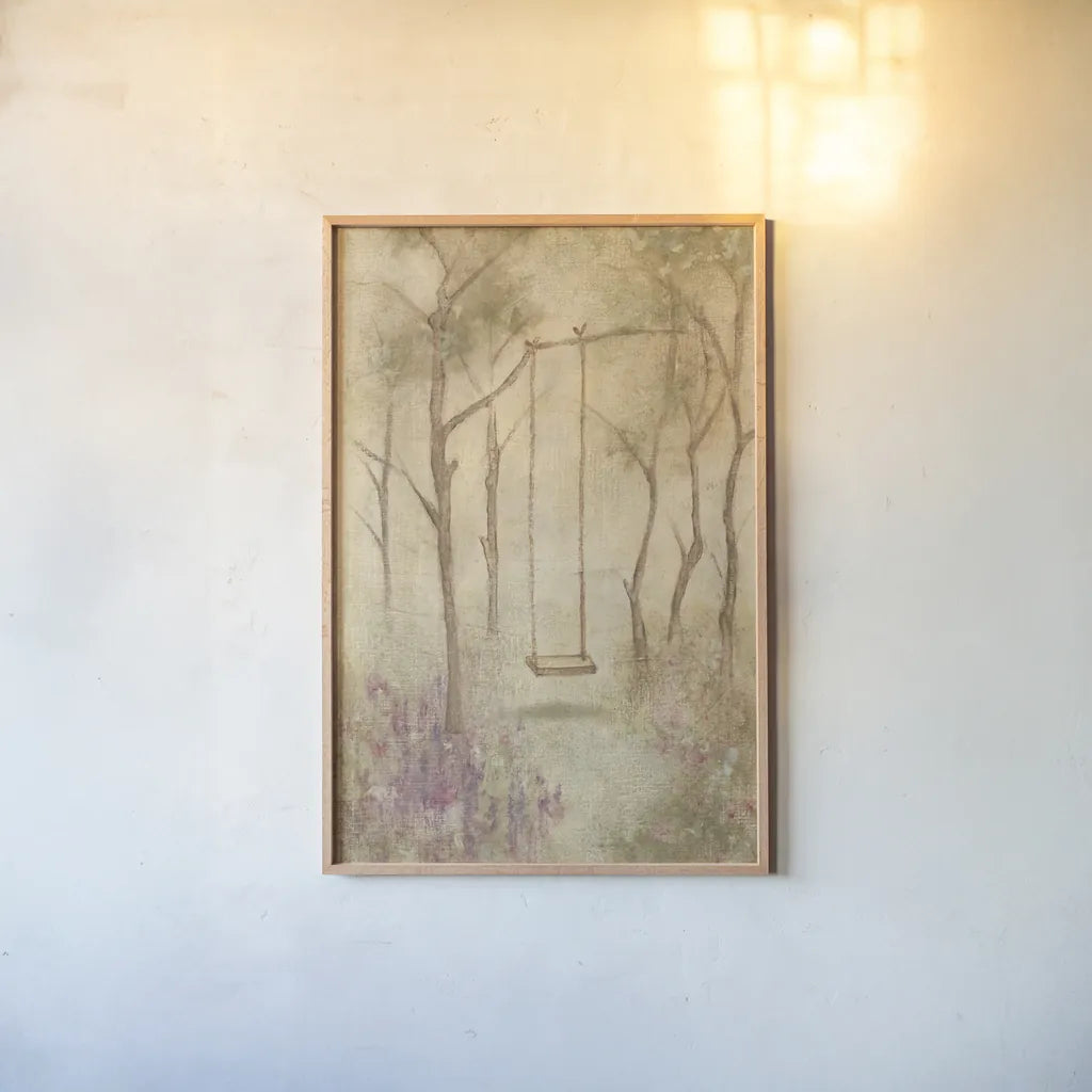 The Swing Crop by Cheri Blum. shown as a paper print in a natural frame. Available as a archival giclee rolled canvas, fine art paper, or poster print. SKU 88656h.