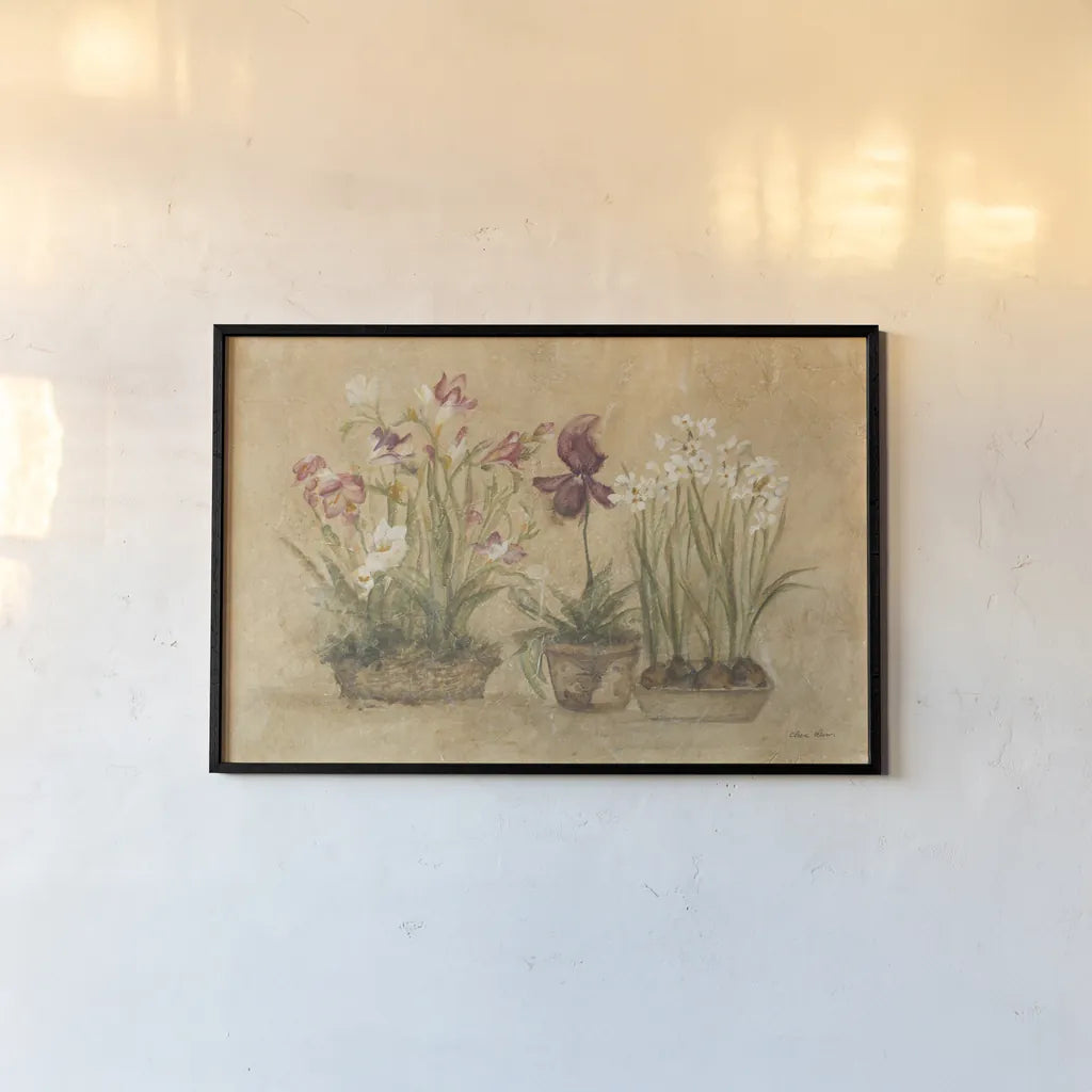 Three Floral Baskets by Cheri Blum. shown as a paper print in a black flame. Available as a archival giclee rolled canvas, fine art paper, or poster print. SKU 7620i.