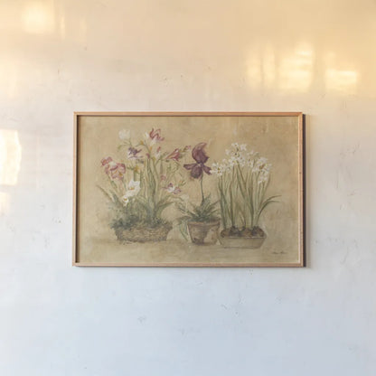 Three Floral Baskets by Cheri Blum. shown as a paper print in a natural frame. Available as a archival giclee rolled canvas, fine art paper, or poster print. SKU 7620i.