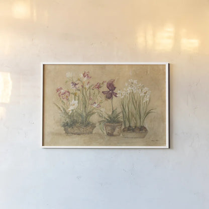 Three Floral Baskets by Cheri Blum. shown as a paper print in a white frame. Available as a archival giclee rolled canvas, fine art paper, or poster print. SKU 7620i.