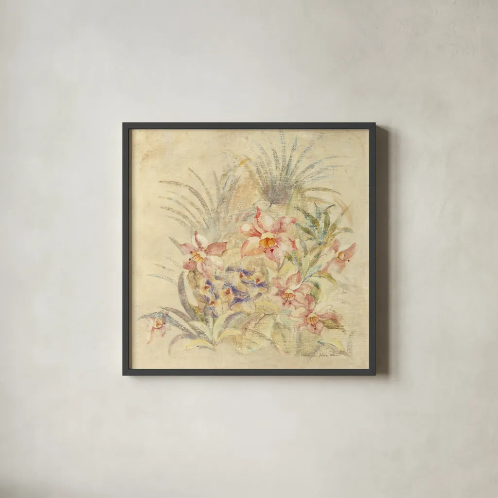 Tropical Square II by Cheri Blum. Shown in a sleek black glass frame for a contemporary gallery look. Available as an archival giclee rolled canvas, fine art paper, or poster print. SKU 7255a.