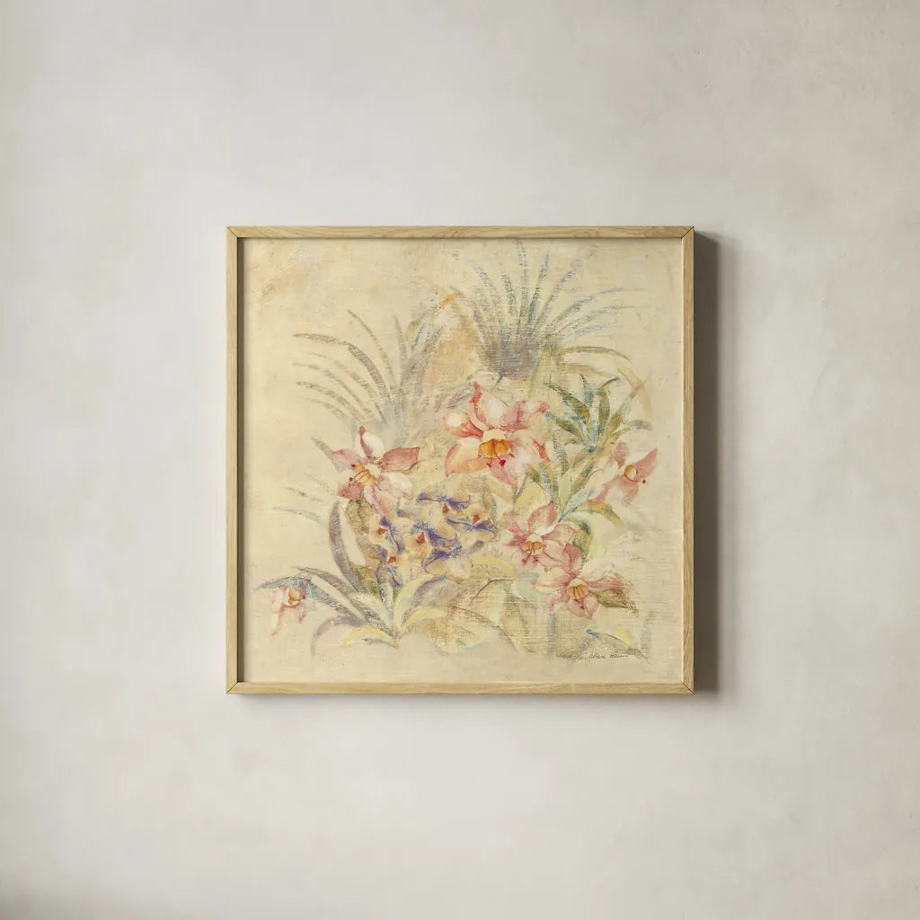 Tropical Square II by Cheri Blum. Shown in a natural wood glass frame for a timeless modern aesthetic. Available as an archival giclee rolled canvas, fine art paper, or poster print. SKU 7255a.