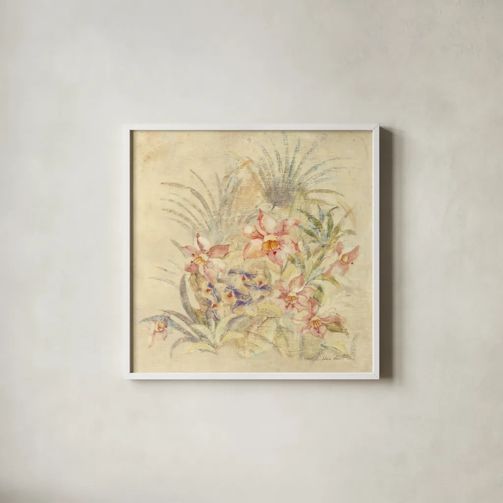 Tropical Square II by Cheri Blum. Shown in a crisp white glass frame for a clean and minimalist style. Available as an archival giclee rolled canvas, fine art paper, or poster print. SKU 7255a.