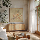 Tropical Square II by Cheri Blum. Shown in a natural wood frame in a cozy modern living room. Available as an archival giclee rolled canvas, fine art paper, or poster print. SKU 7255a.