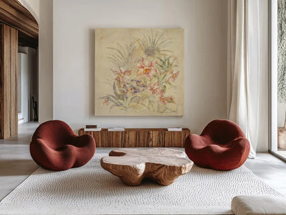Tropical Square II by Cheri Blum. Shown as extra-large giant wall art in a modern living room. Available as an archival giclee rolled canvas, fine art paper, or poster print. SKU 7255a.