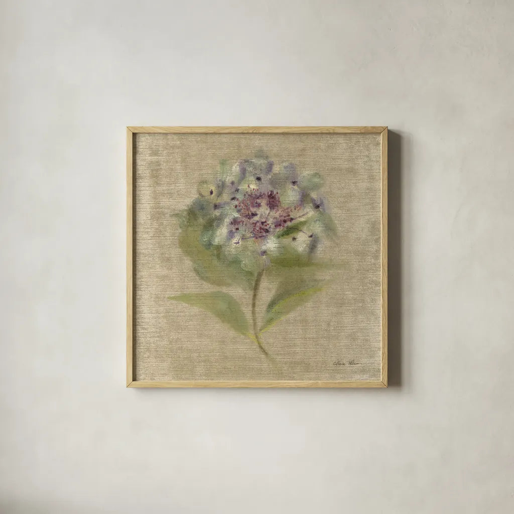 Velvet Hydrangea by Cheri Blum. Shown in a natural wood glass frame for a timeless modern aesthetic. Available as an archival giclee rolled canvas, fine art paper, or poster print. SKU 88661a.