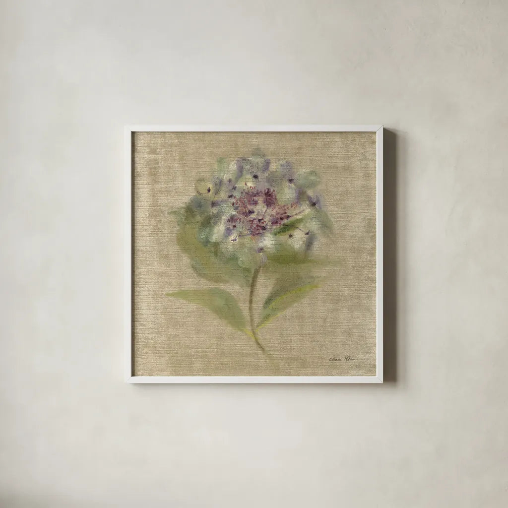 Velvet Hydrangea by Cheri Blum. Shown in a crisp white glass frame for a clean and minimalist style. Available as an archival giclee rolled canvas, fine art paper, or poster print. SKU 88661a.