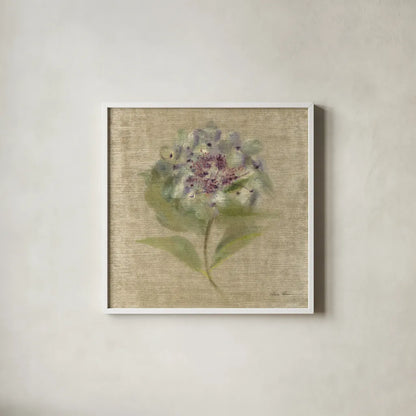 Velvet Hydrangea by Cheri Blum. Shown in a crisp white glass frame for a clean and minimalist style. Available as an archival giclee rolled canvas, fine art paper, or poster print. SKU 88661a.