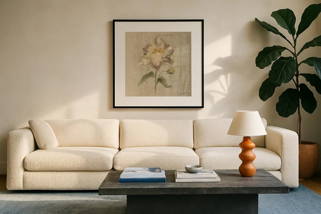 Velvet Peony by Cheri Blum. Displayed in a glass frame with matte in a clean modern living room. Available as an archival giclee rolled canvas, fine art paper, or poster print. SKU 88660a.
