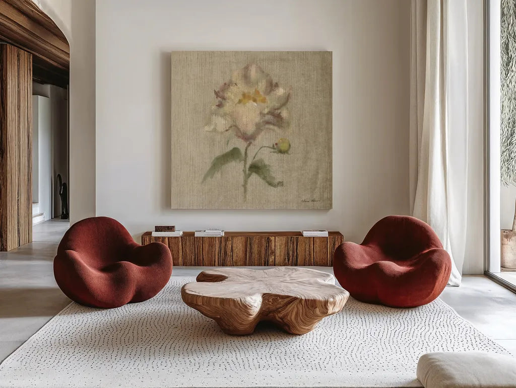 Velvet Peony by Cheri Blum. Shown as extra-large giant wall art in a modern living room. Available as an archival giclee rolled canvas, fine art paper, or poster print. SKU 88660a.