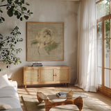 Velvet Rose by Cheri Blum. Shown in a natural wood frame in a cozy modern living room. Available as an archival giclee rolled canvas, fine art paper, or poster print. SKU 88658a.