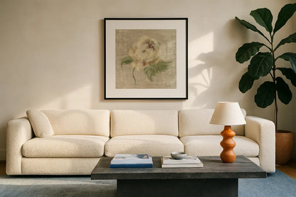 Velvet Rose by Cheri Blum. Displayed in a glass frame with matte in a clean modern living room. Available as an archival giclee rolled canvas, fine art paper, or poster print. SKU 88658a.