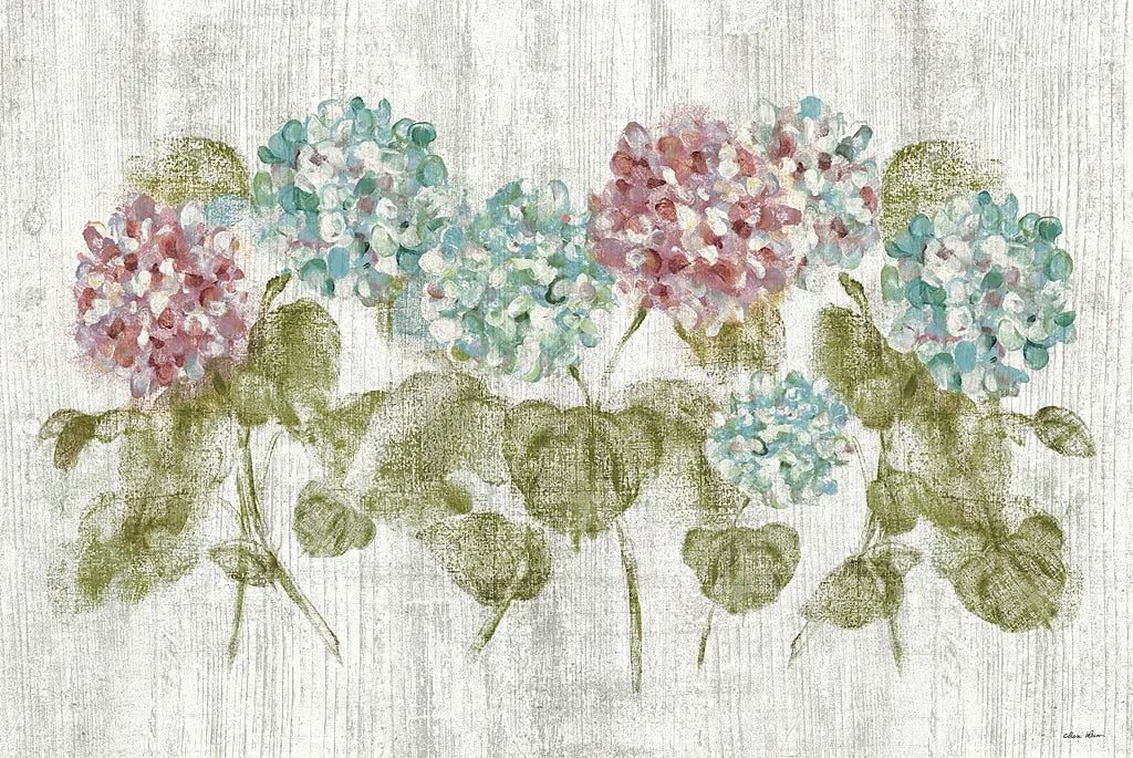 Vibrant Row of Hydrangea on Wood by Cheri Blum. SKU 19084i. Archival Giclee Fine art print for wall decor.