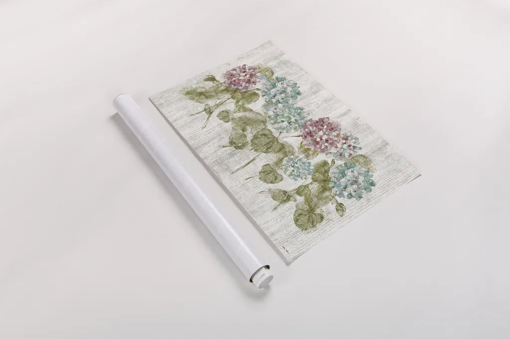 Vibrant Row of Hydrangea on Wood by Cheri Blum. shown as a rolled paper print. Available as archival giclee rolled canvas, fine art paper, or poster print. SKU 19084i.