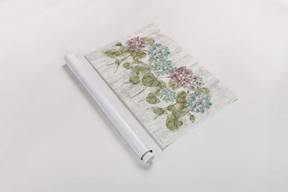 Vibrant Row of Hydrangea on Wood by Cheri Blum. shown as a rolled paper print. Available as archival giclee rolled canvas, fine art paper, or poster print. SKU 19084i.