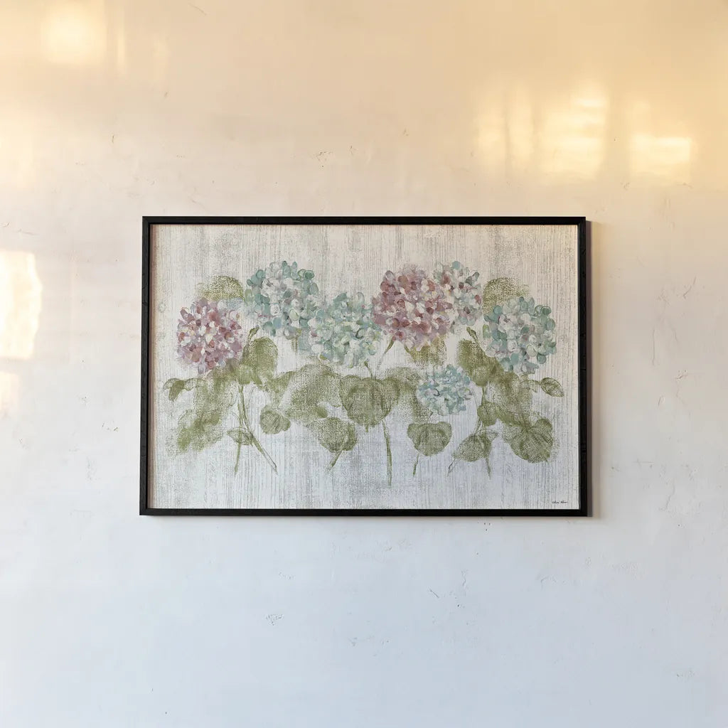 Vibrant Row of Hydrangea on Wood by Cheri Blum. shown as a paper print in a black flame. Available as a archival giclee rolled canvas, fine art paper, or poster print. SKU 19084i.