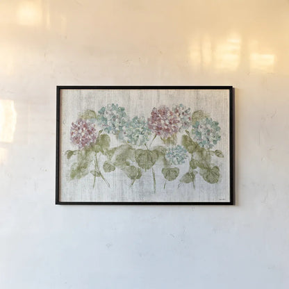 Vibrant Row of Hydrangea on Wood by Cheri Blum. shown as a paper print in a black flame. Available as a archival giclee rolled canvas, fine art paper, or poster print. SKU 19084i.