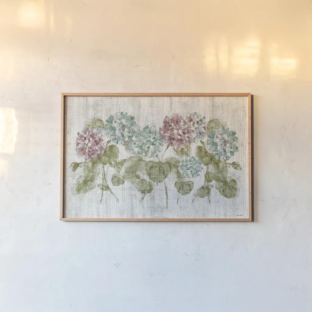 Vibrant Row of Hydrangea on Wood by Cheri Blum. shown as a paper print in a natural frame. Available as a archival giclee rolled canvas, fine art paper, or poster print. SKU 19084i.