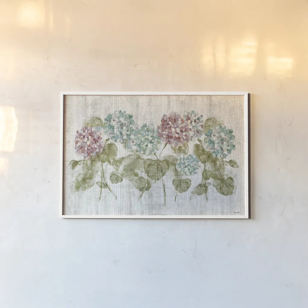 Vibrant Row of Hydrangea on Wood by Cheri Blum. shown as a paper print in a white frame. Available as a archival giclee rolled canvas, fine art paper, or poster print. SKU 19084i.