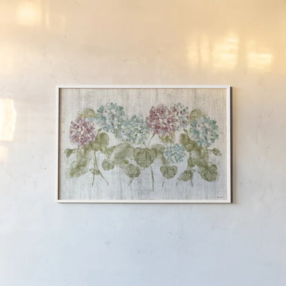 Vibrant Row of Hydrangea on Wood by Cheri Blum. shown as a paper print in a white frame. Available as a archival giclee rolled canvas, fine art paper, or poster print. SKU 19084i.