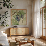 Vintage Cabernet by Cheri Blum. Shown in a natural wood frame in a cozy modern living room. Available as an archival giclee rolled canvas, fine art paper, or poster print. SKU 7586a.