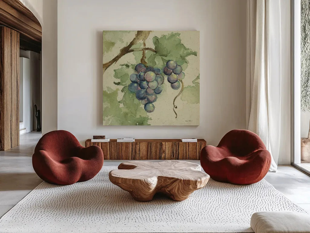 Vintage Cabernet by Cheri Blum. Shown as extra-large giant wall art in a modern living room. Available as an archival giclee rolled canvas, fine art paper, or poster print. SKU 7586a.
