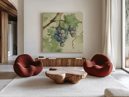 Vintage Cabernet by Cheri Blum. Shown as extra-large giant wall art in a modern living room. Available as an archival giclee rolled canvas, fine art paper, or poster print. SKU 7586a.