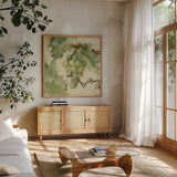 Vintage Chardonay by Cheri Blum. Shown in a natural wood frame in a cozy modern living room. Available as an archival giclee rolled canvas, fine art paper, or poster print. SKU 7585a.