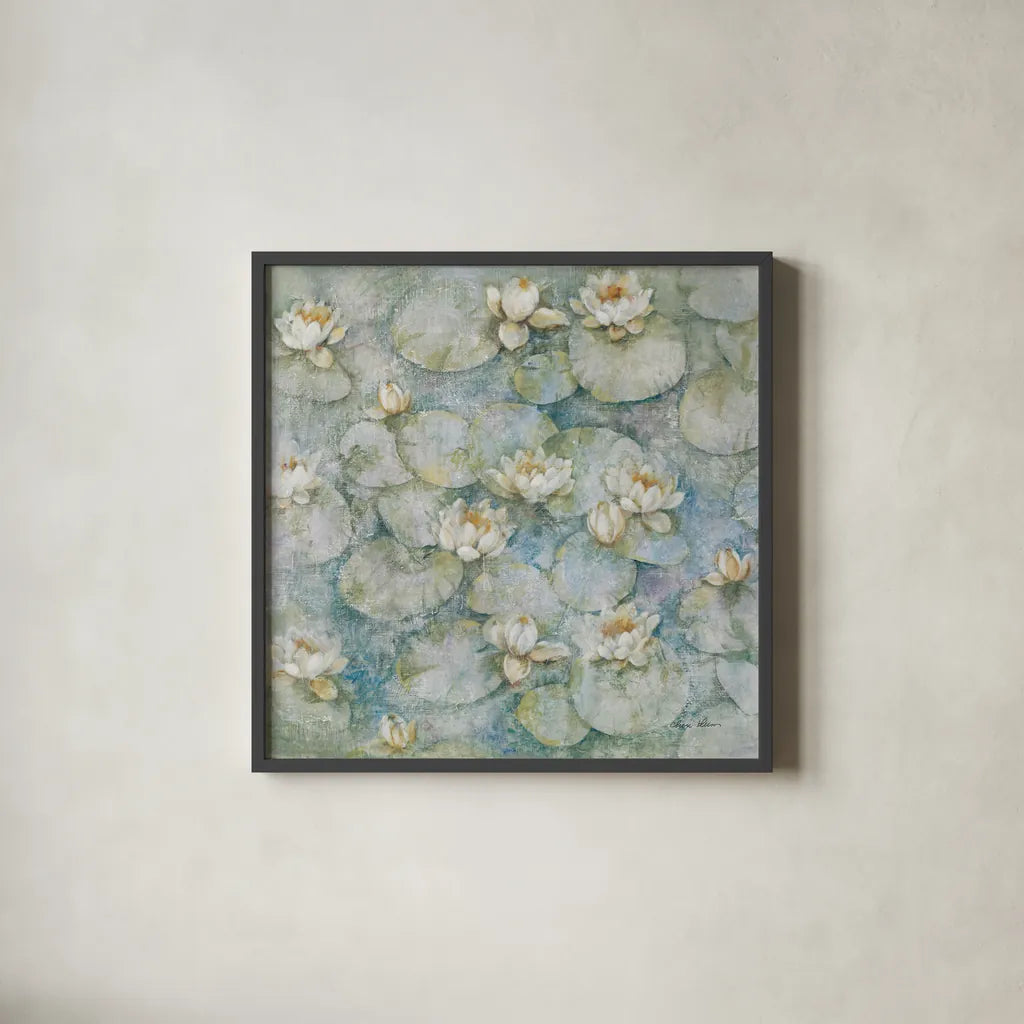 Water Lilies by Cheri Blum. Shown in a sleek black glass frame for a contemporary gallery look. Available as an archival giclee rolled canvas, fine art paper, or poster print. SKU 90755a.
