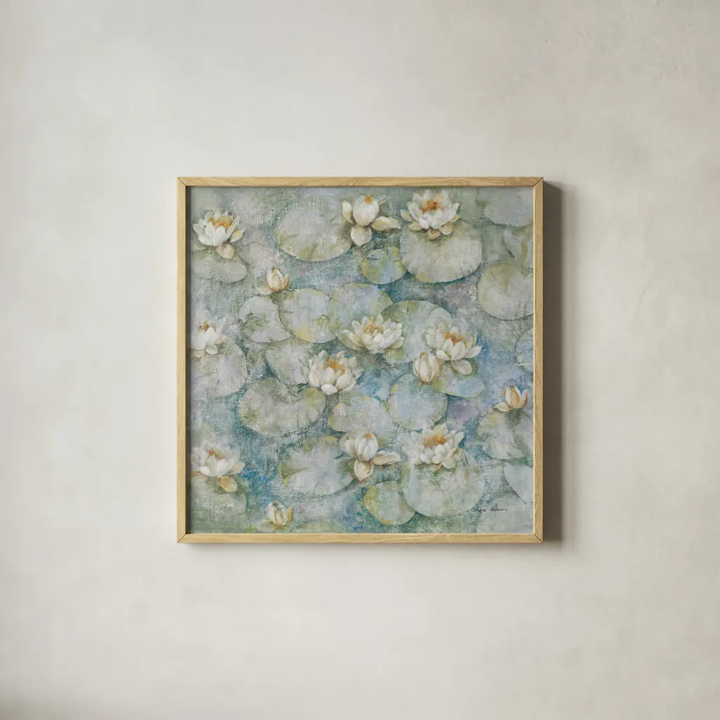 Water Lilies by Cheri Blum. Shown in a natural wood glass frame for a timeless modern aesthetic. Available as an archival giclee rolled canvas, fine art paper, or poster print. SKU 90755a.