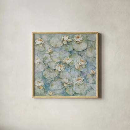Water Lilies by Cheri Blum. Shown in a natural wood glass frame for a timeless modern aesthetic. Available as an archival giclee rolled canvas, fine art paper, or poster print. SKU 90755a.