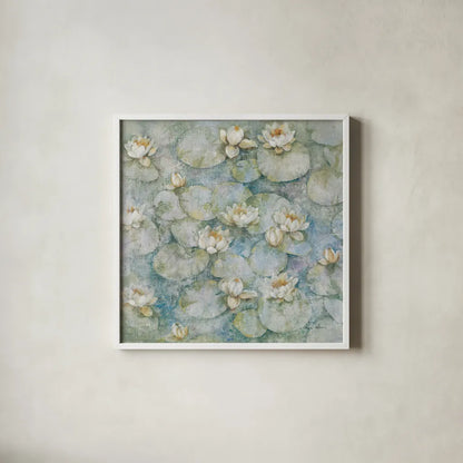 Water Lilies by Cheri Blum. Shown in a crisp white glass frame for a clean and minimalist style. Available as an archival giclee rolled canvas, fine art paper, or poster print. SKU 90755a.