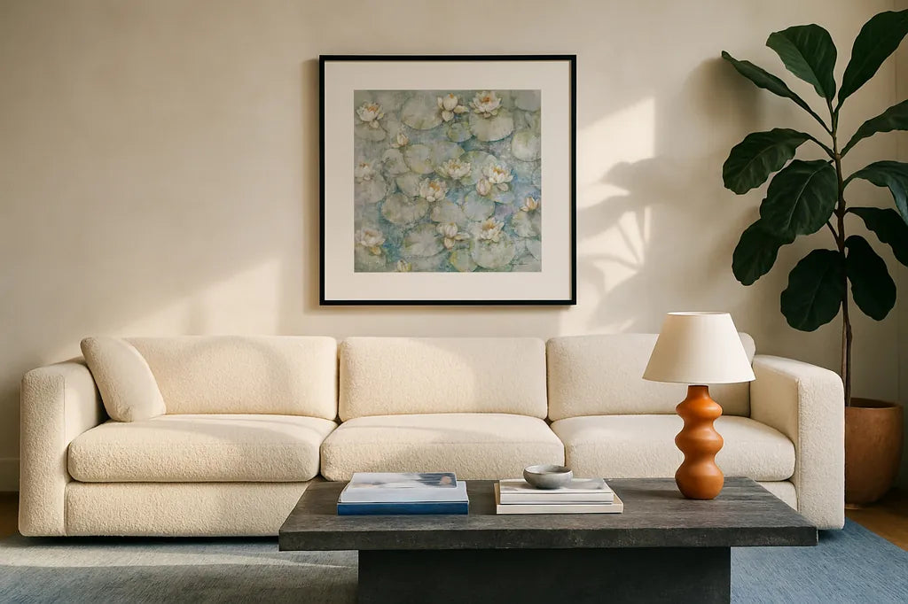 Water Lilies by Cheri Blum. Displayed in a glass frame with matte in a clean modern living room. Available as an archival giclee rolled canvas, fine art paper, or poster print. SKU 90755a.