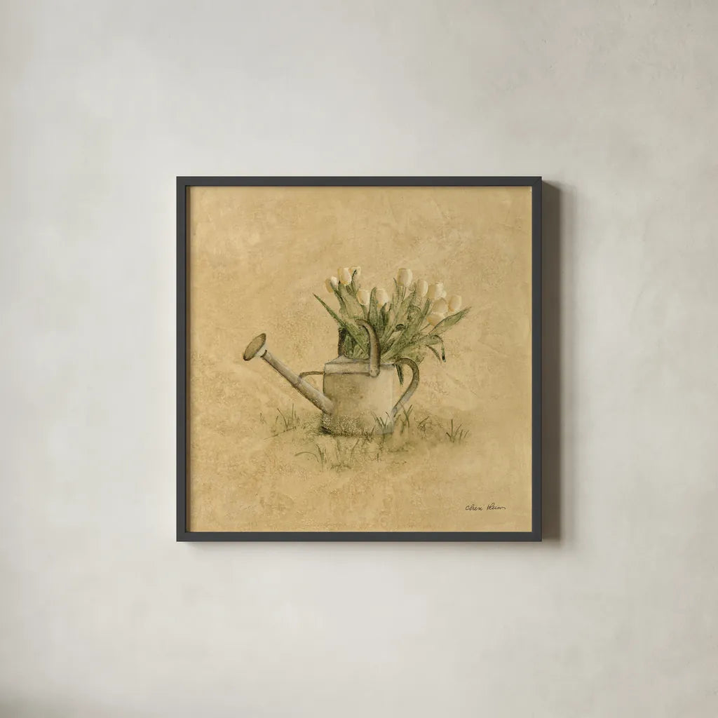 Watering Can by Cheri Blum. Shown in a sleek black glass frame for a contemporary gallery look. Available as an archival giclee rolled canvas, fine art paper, or poster print. SKU 89468a.