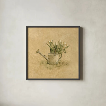 Watering Can by Cheri Blum. Shown in a sleek black glass frame for a contemporary gallery look. Available as an archival giclee rolled canvas, fine art paper, or poster print. SKU 89468a.