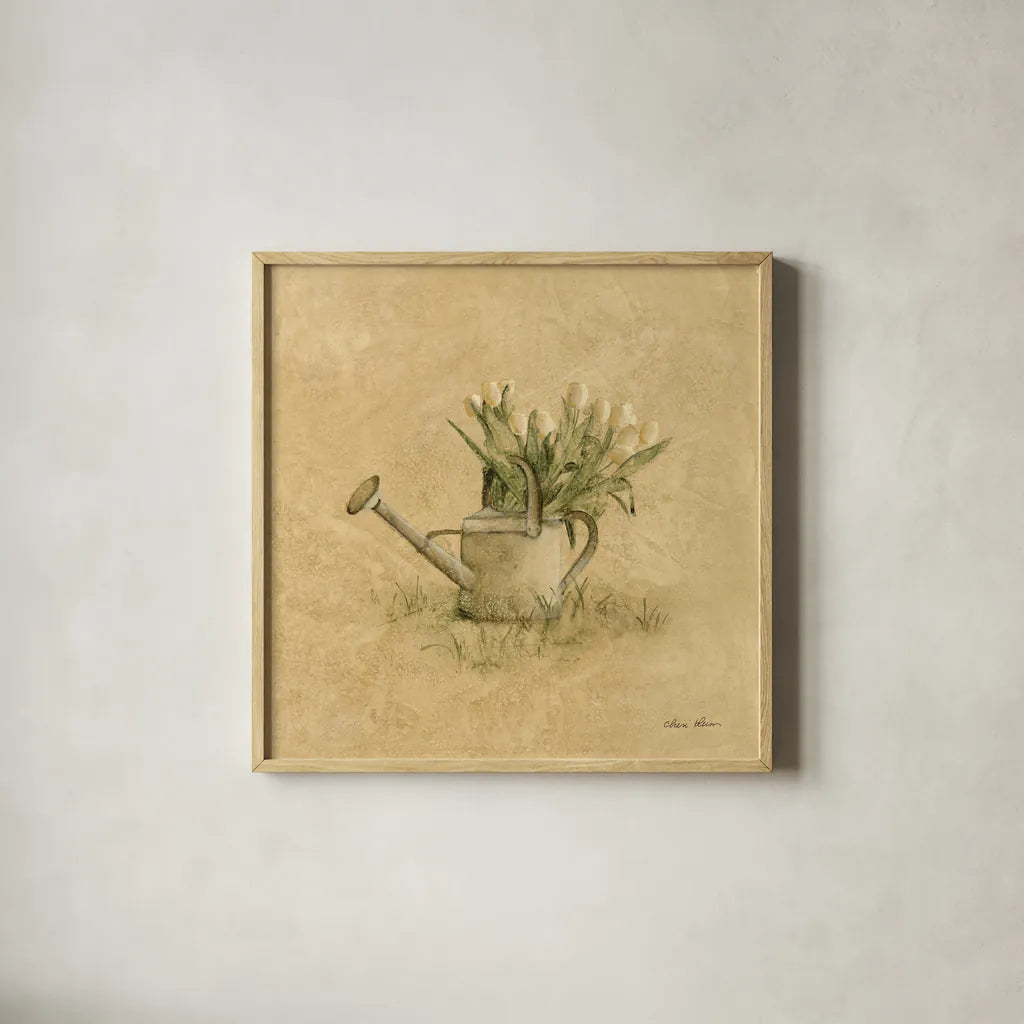 Watering Can by Cheri Blum. Shown in a natural wood glass frame for a timeless modern aesthetic. Available as an archival giclee rolled canvas, fine art paper, or poster print. SKU 89468a.