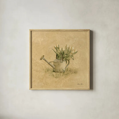 Watering Can by Cheri Blum. Shown in a natural wood glass frame for a timeless modern aesthetic. Available as an archival giclee rolled canvas, fine art paper, or poster print. SKU 89468a.
