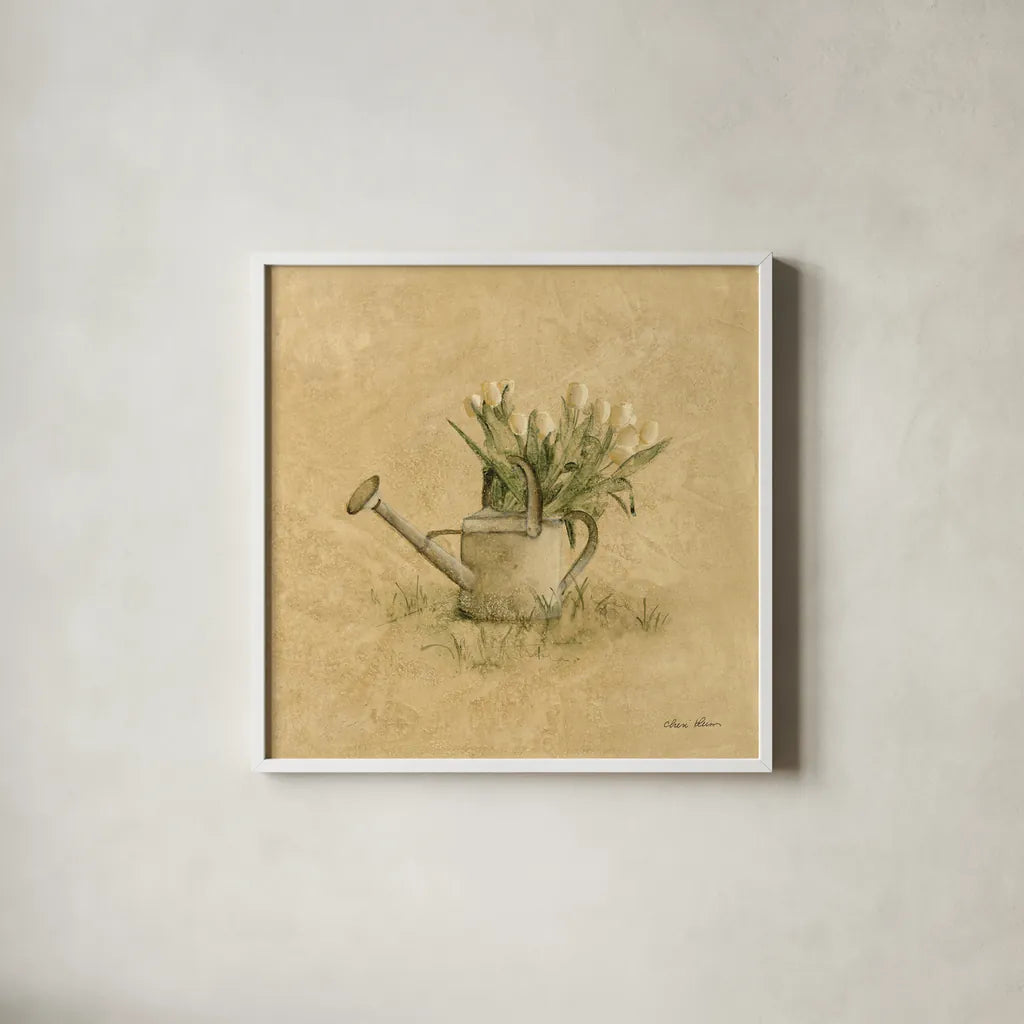 Watering Can by Cheri Blum. Shown in a crisp white glass frame for a clean and minimalist style. Available as an archival giclee rolled canvas, fine art paper, or poster print. SKU 89468a.