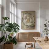 White Blossom Crop by Cheri Blum. shown as a print in a natural wood frame in a dining room. Available as a archival giclee rolled canvas, fine art paper, or poster print. SKU 90128h.