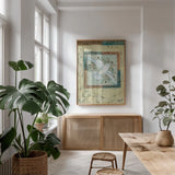 White Dove by Cheri Blum. shown as a print in a natural wood frame in a dining room. Available as a archival giclee rolled canvas, fine art paper, or poster print. SKU 90777h.